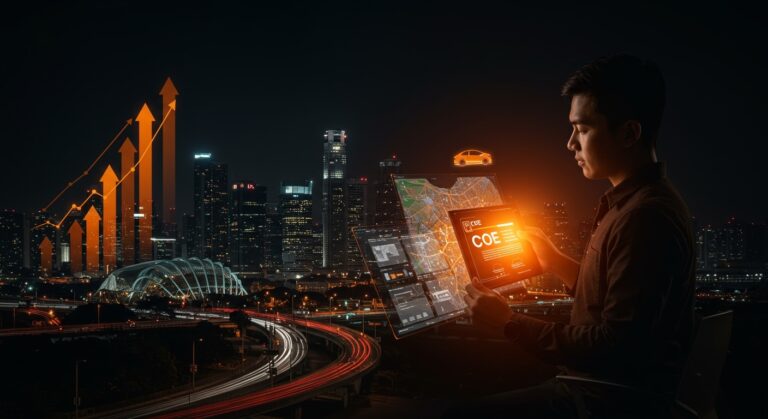 Fundador de startup de movilidad urbana en Singapur analizando mapas digitales con énfasis en el sistema COE y lecciones para mercados de LATAM y España.