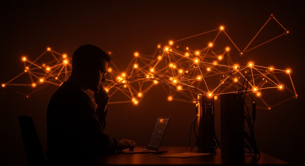 Marceu Martins analizando infraestructura tecnológica crítica con visualización de red de alta disponibilidad y fiabilidad del 99.9% uptime.