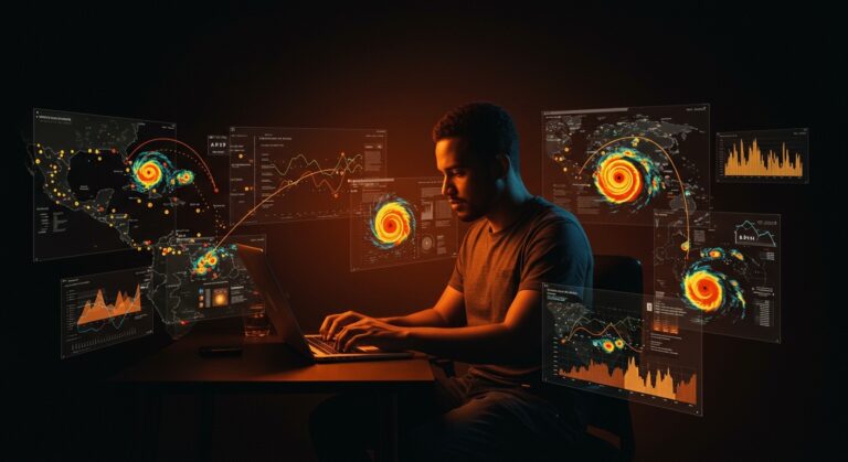 Desarrollador creando sitio de clima hiperlocal para el Caribe Oriental con seguimiento de huracanes y APIs personalizadas en ambiente de innovación tech.