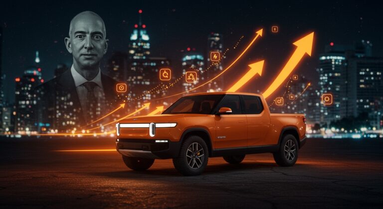 Camioneta eléctrica asequible de Slate Auto respaldada por Jeff Bezos destacada con motivos de inversión y tecnología EV en tonos naranja y negro.