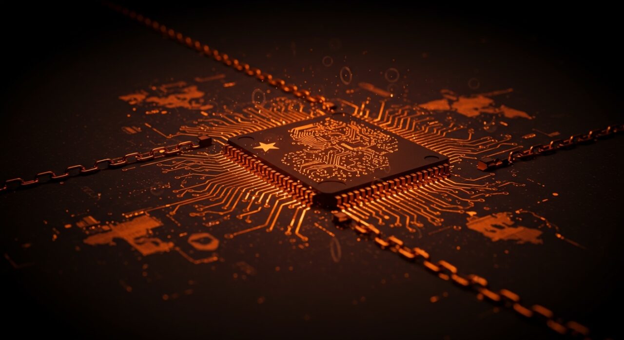 Chip de semiconductores iluminado en naranja y negro representando tensión geopolítica entre China, EEUU e Irán en la cadena de suministro tecnológica.