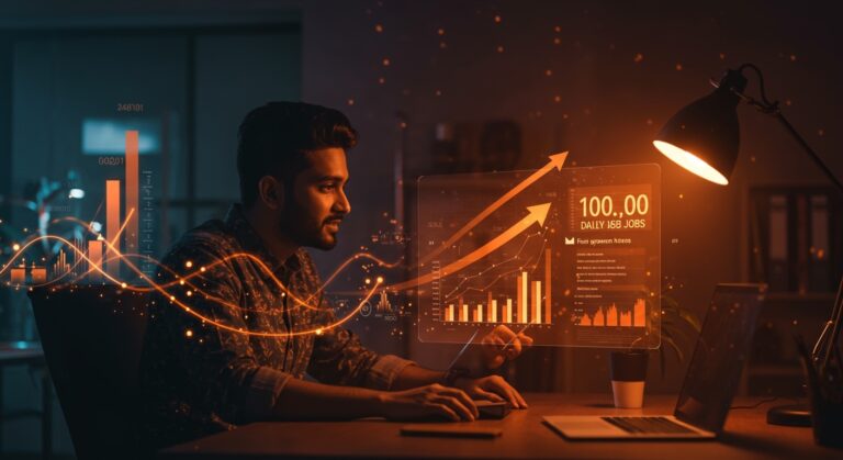 Fundador de startup india Snabbit frente a tablero digital mostrando crecimiento rápido y modelos de funding en la gig economy.