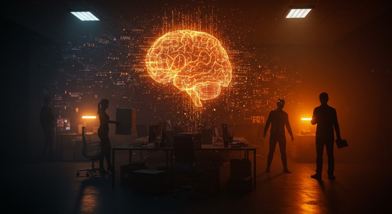 Despidos en Snap impulsados por inteligencia artificial mostrando empleados que se van mientras código generado por IA domina la escena tecnológica.