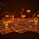 Mapa digital con badges de lealtad resaltando visitas frecuentes para estrategias de marketing local y retailtech con gamificación.