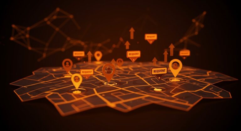 Mapa digital con badges de lealtad resaltando visitas frecuentes para estrategias de marketing local y retailtech con gamificación.