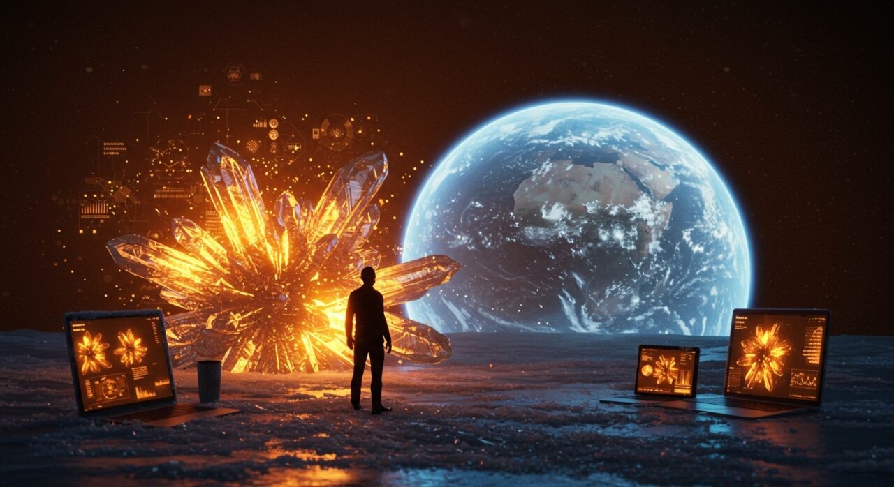 Riesgo de Snowball Earth y glaciación global visualizado con un founder de climate tech frente a un horizonte helado, representando oportunidades de IA predictiva en startups.
