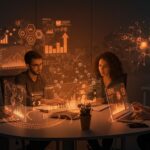 Startups tecnológicas en Cantabria colaborando en un ambiente futurista, destacando la financiación y mentoring del programa EIBT SODERCAN para industria 4.0 y healthtech.