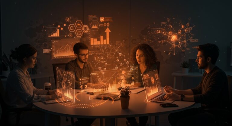 Startups tecnológicas en Cantabria colaborando en un ambiente futurista, destacando la financiación y mentoring del programa EIBT SODERCAN para industria 4.0 y healthtech.