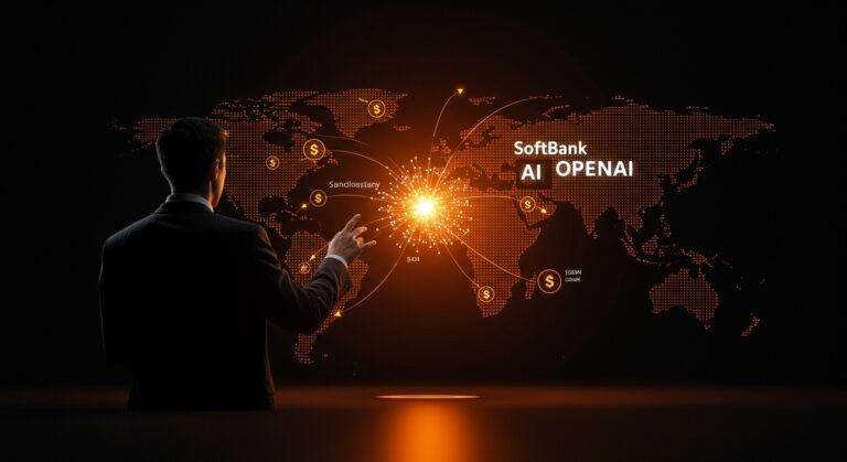 Representación visual del préstamo récord de SoftBank de $40B a OpenAI y su impacto en el financiamiento de startups de inteligencia artificial.