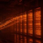 Inversión de SoftBank en baterías para data centers de IA representada con fábrica tecnológica y flujos de energía en tonos naranja y negro.