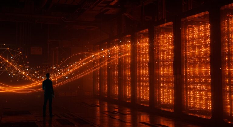 Inversión de SoftBank en baterías para data centers de IA representada con fábrica tecnológica y flujos de energía en tonos naranja y negro.