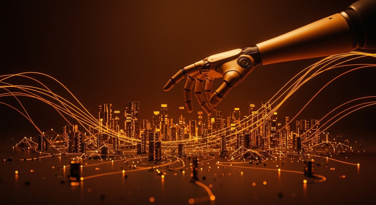 Robótica avanzada y centros de datos iluminados representando la IPO de 100 mil millones de dólares de SoftBank Roze en IA física e infraestructura tecnológica.