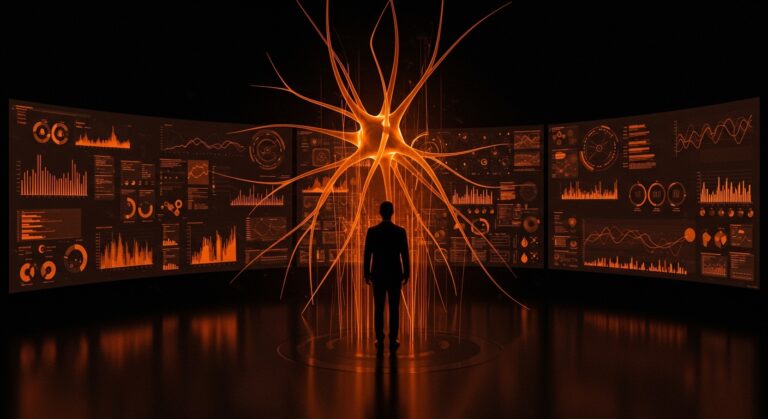 CTO gestionando la gobernanza híbrida en inteligencia artificial en un entorno empresarial moderno con red de datos abstracta.