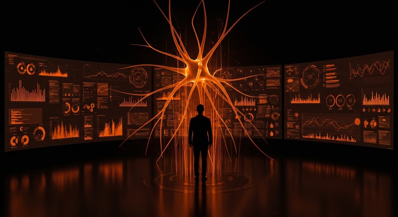 CTO gestionando la gobernanza híbrida en inteligencia artificial en un entorno empresarial moderno con red de datos abstracta.