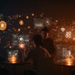 Fundadores tecnológicos colaborando con hologramas de IoT, pagos y ciudades inteligentes, representando diversidad tecnológica e innovación en el ecosistema startup.