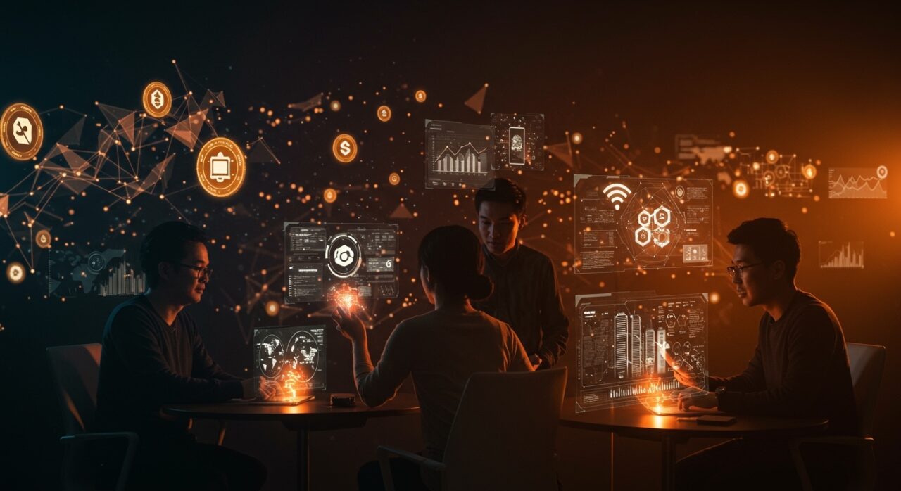 Fundadores tecnológicos colaborando con hologramas de IoT, pagos y ciudades inteligentes, representando diversidad tecnológica e innovación en el ecosistema startup.