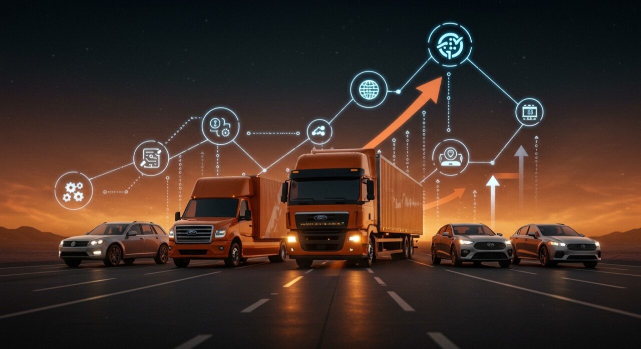 Vehículos eléctricos Ford, Toyota y Kenworth en el corredor automotriz Sonora-Arizona, representando electromovilidad y nearshoring 2026.