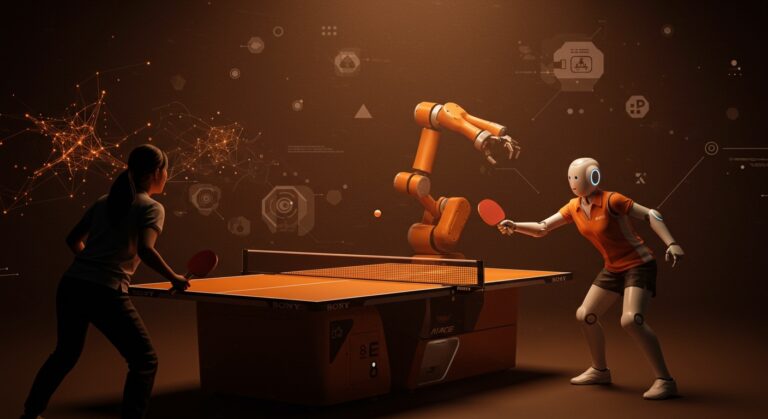 Robot Sony AI Ace ganando a jugadoras profesionales de ping pong, mostrando inteligencia artificial y automatización robótica.