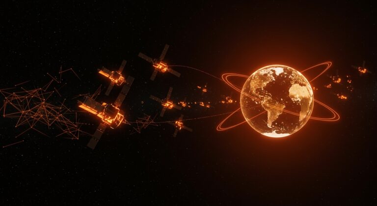 Constelación de satélites Starlink como centros de datos orbitales para inteligencia artificial, ilustrando retos tecnológicos y sostenibilidad en computación espacial.