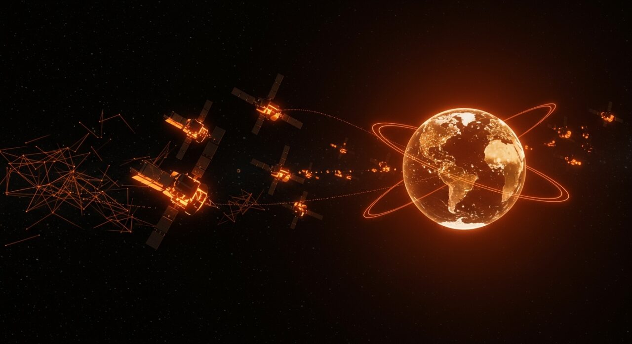 Constelación de satélites Starlink como centros de datos orbitales para inteligencia artificial, ilustrando retos tecnológicos y sostenibilidad en computación espacial.
