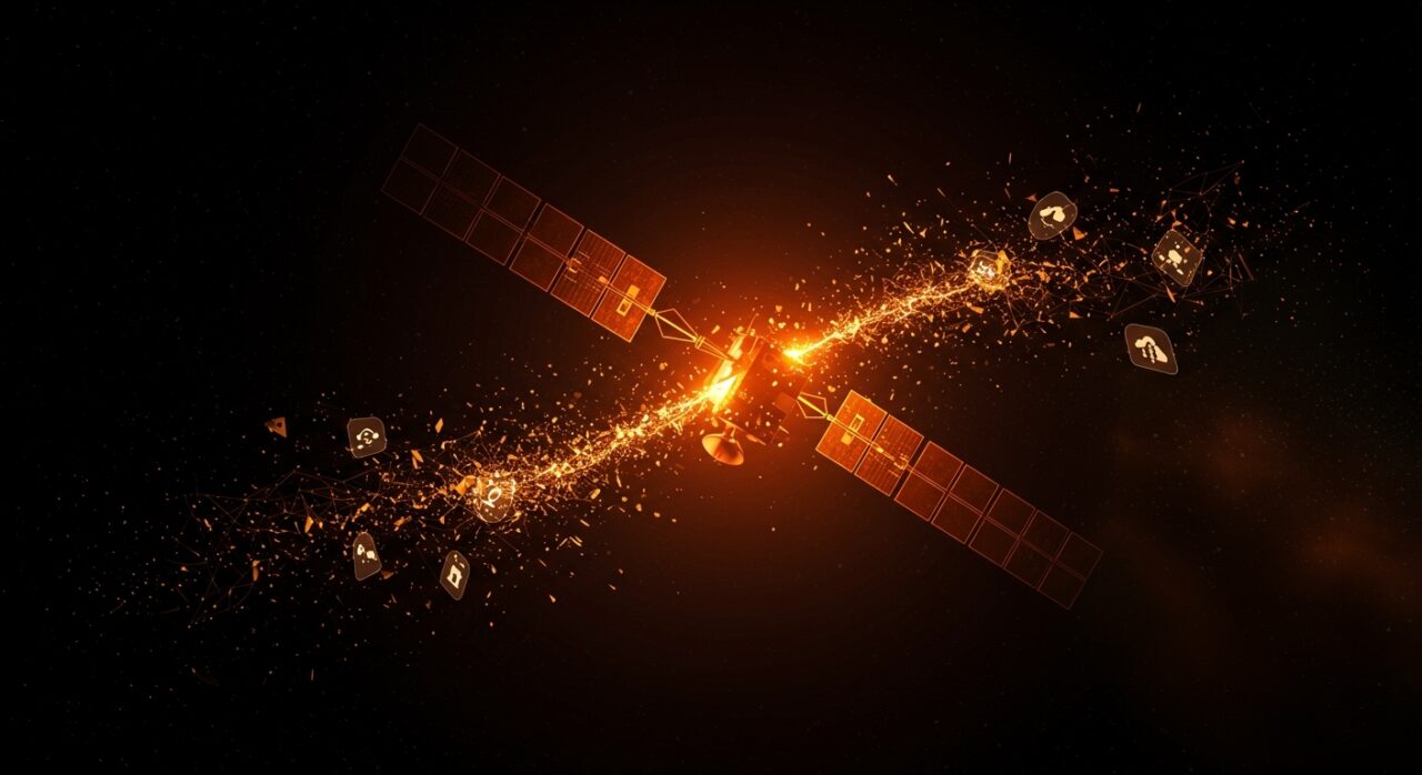 Representación artística de los centros de datos orbitales de SpaceX para IA con problemas técnicos y su impacto en la infraestructura cloud para startups.