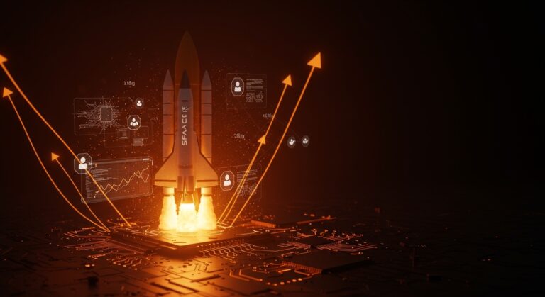 Escena futurista con cohete SpaceX y códigos de IA destacando la compra de Cursor para desarrolladores y herramientas de programación IA.