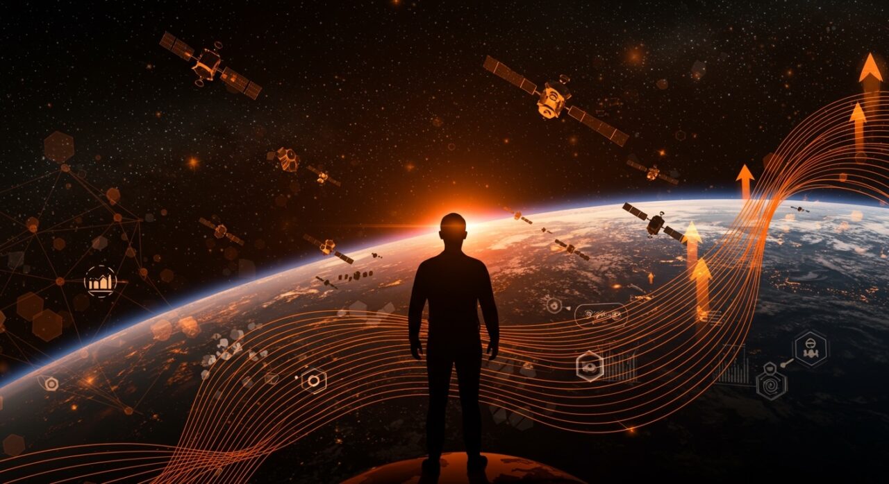 SpaceX y Starlink representados por un emprendedor frente a un horizonte digital con satélites y conexiones de internet satelital en colores naranjas y negros.