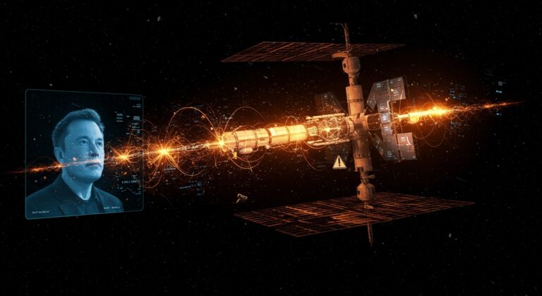 Centro de datos orbital de SpaceX con representaciones de IA espacial y riesgos en la salida a bolsa, bajo la supervisión de Elon Musk.