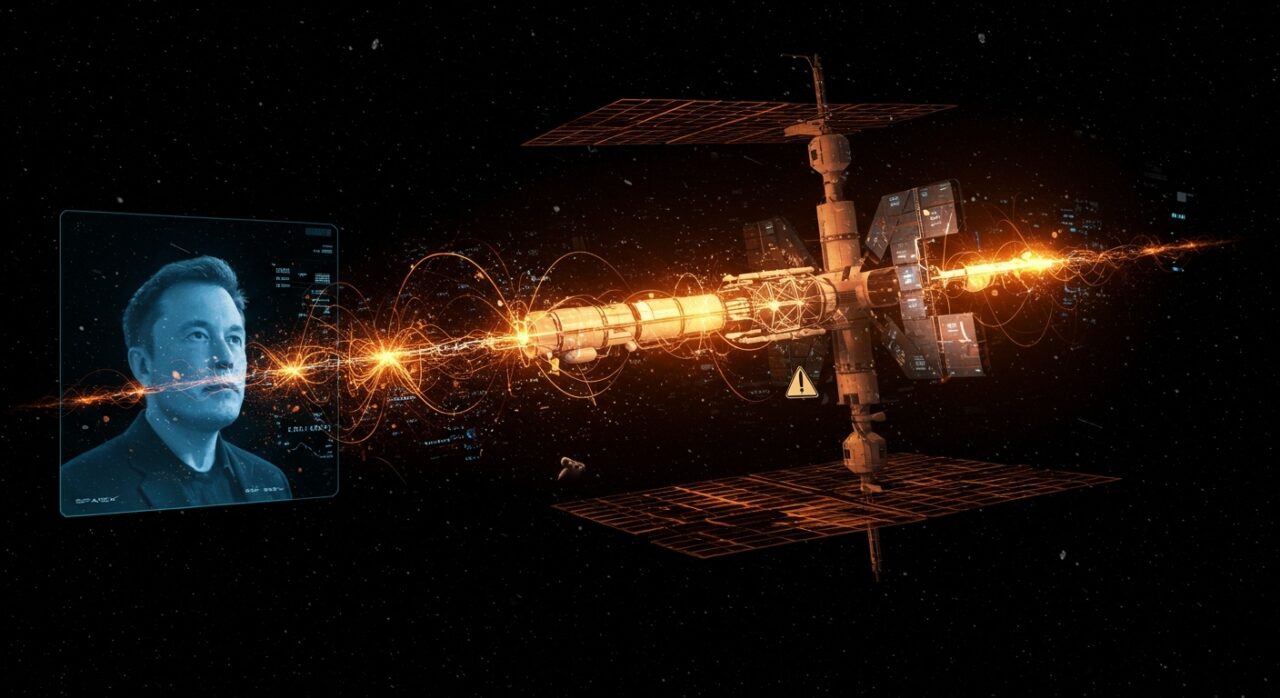 Centro de datos orbital de SpaceX con representaciones de IA espacial y riesgos en la salida a bolsa, bajo la supervisión de Elon Musk.