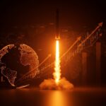 Lanzamiento de cohete SpaceX con gráficos ascendentes simbolizando el IPO y el financiamiento en startups tecnológicas del sector aeroespacial.