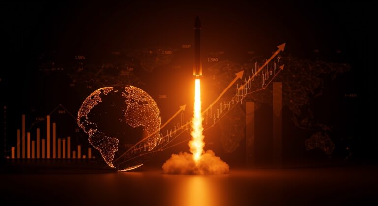 Lanzamiento de cohete SpaceX con gráficos ascendentes simbolizando el IPO y el financiamiento en startups tecnológicas del sector aeroespacial.