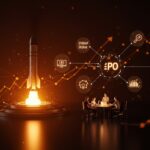 Cohete SpaceX con iconos holográficos de startups y fundadores colaborando, ilustrando la IPO histórica y su impacto en el mercado tecnológico.
