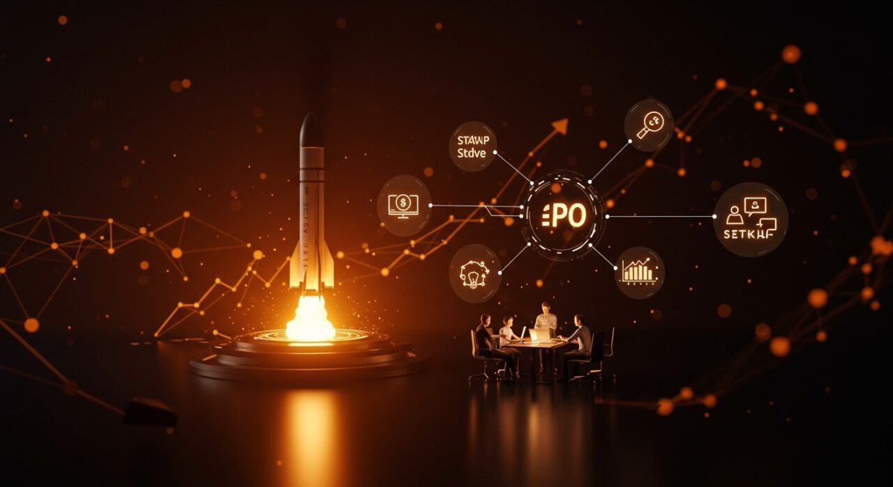 Cohete SpaceX con iconos holográficos de startups y fundadores colaborando, ilustrando la IPO histórica y su impacto en el mercado tecnológico.