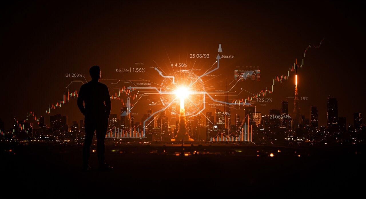 Visualización editorial de IPO de SpaceX con un fundador tecnológico y elementos que simbolizan financiamiento tech y startups LATAM.