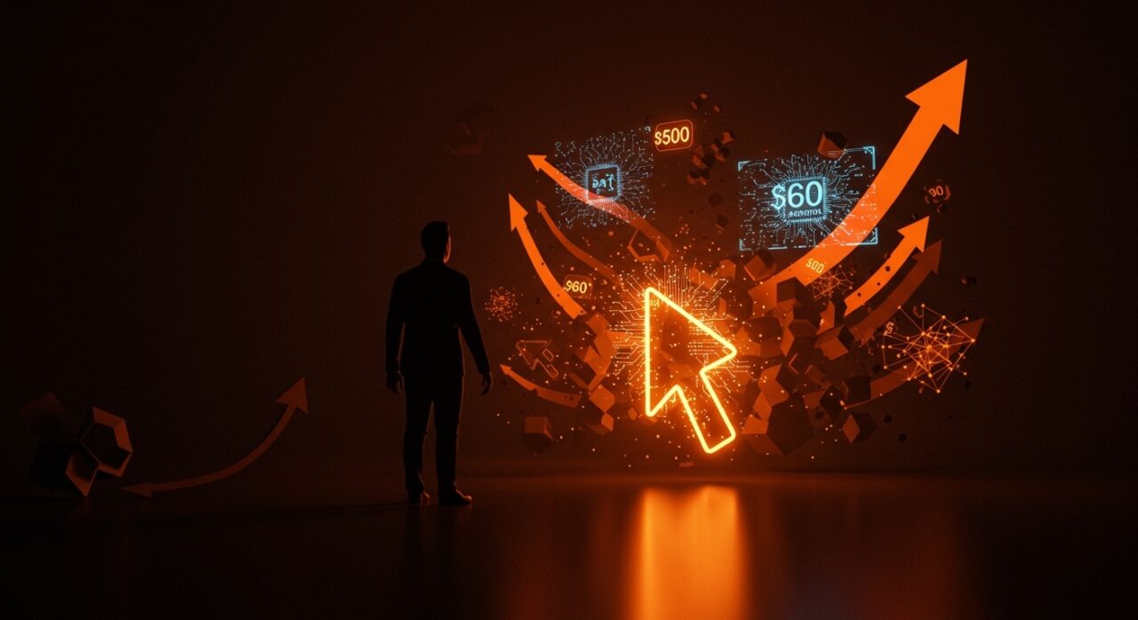 SpaceX adquiere Cursor por 60 mil millones de dólares, simbolizado por un cursor digital y redes neuronales en tonos naranja y negro.