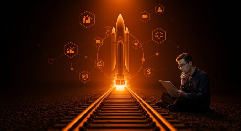 Imagen editorial de SpaceX combinada con vías ferroviarias representando la regulación laboral y legal en startups tecnológicas en Estados Unidos.