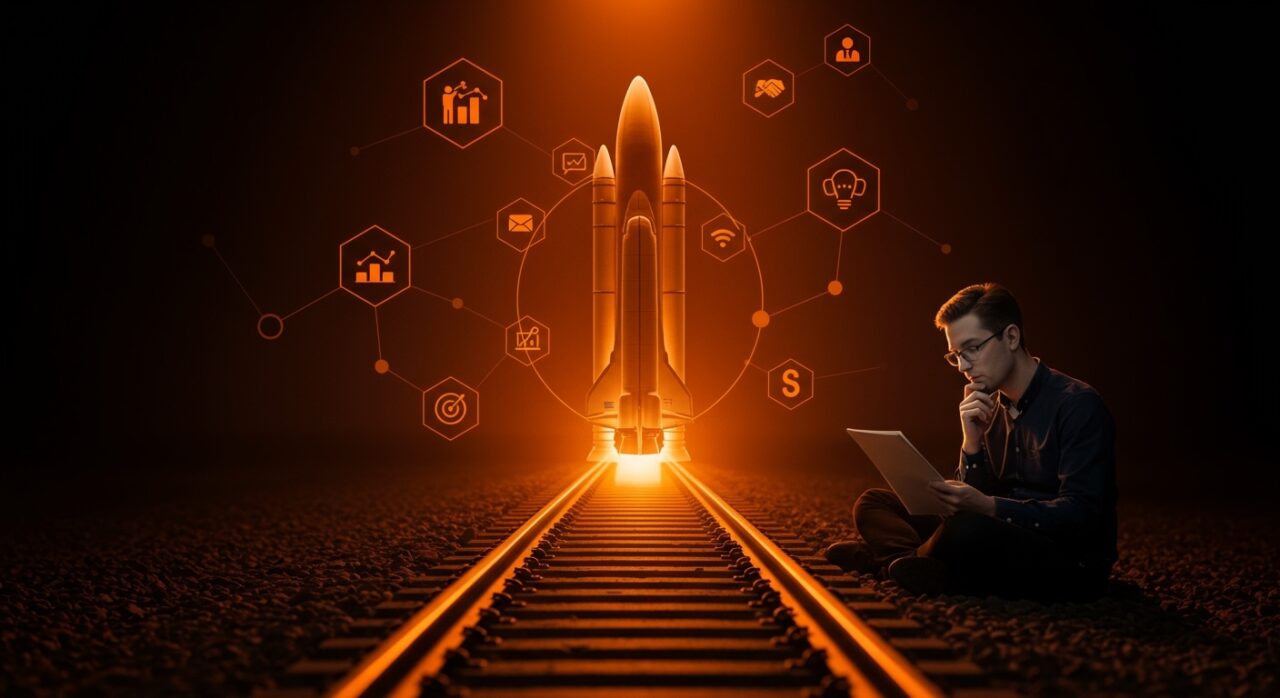 Imagen editorial de SpaceX combinada con vías ferroviarias representando la regulación laboral y legal en startups tecnológicas en Estados Unidos.