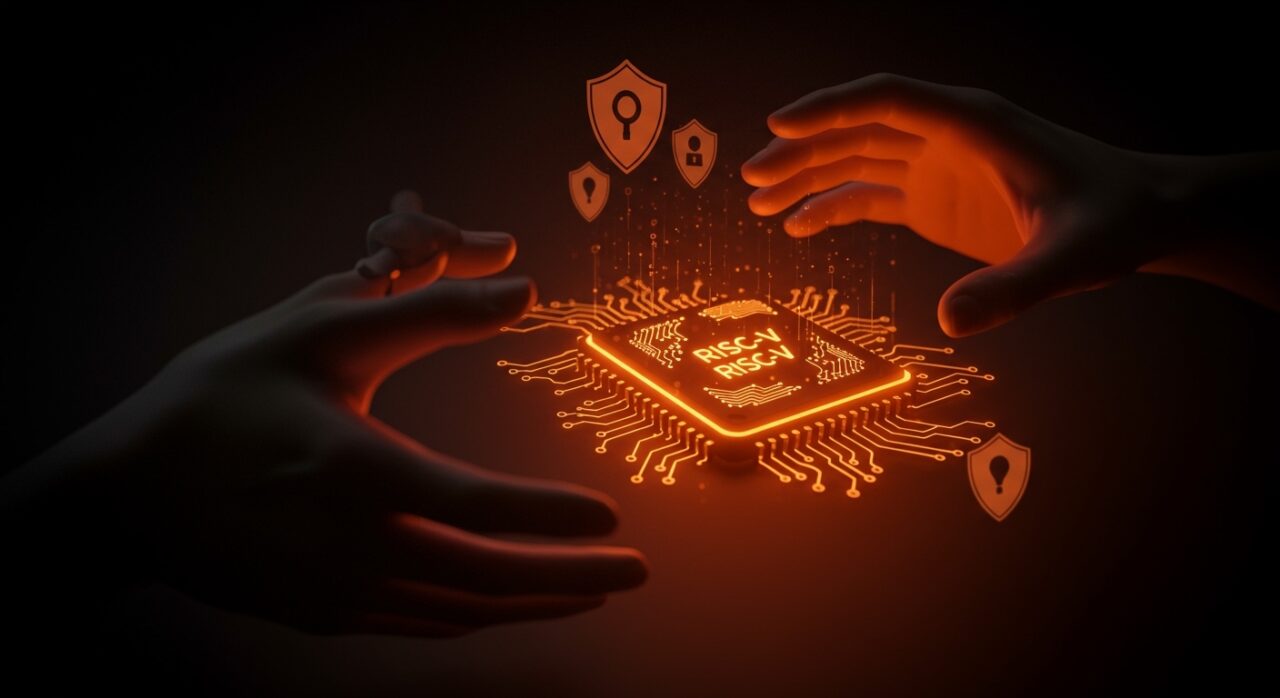 Chip crítico seguro con arquitectura RISC-V en manos que simbolizan soberanía tecnológica e innovación deeptech en startups de ciberseguridad.
