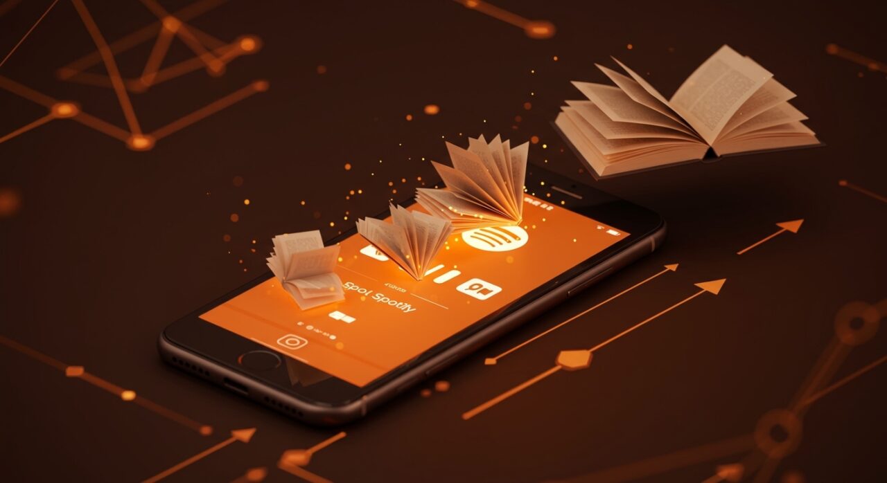 Interfaz de Spotify mostrando compra de libros físicos, simbolizando la innovación en el mercado de plataformas digitales y tendencias tecnológicas.