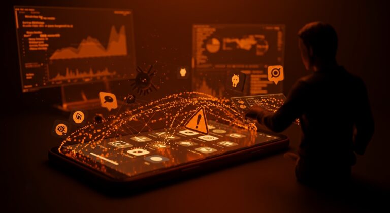 Dispositivo Android mostrando alerta de spyware y apps falsas, destacando vulnerabilidades en seguridad móvil para startups.