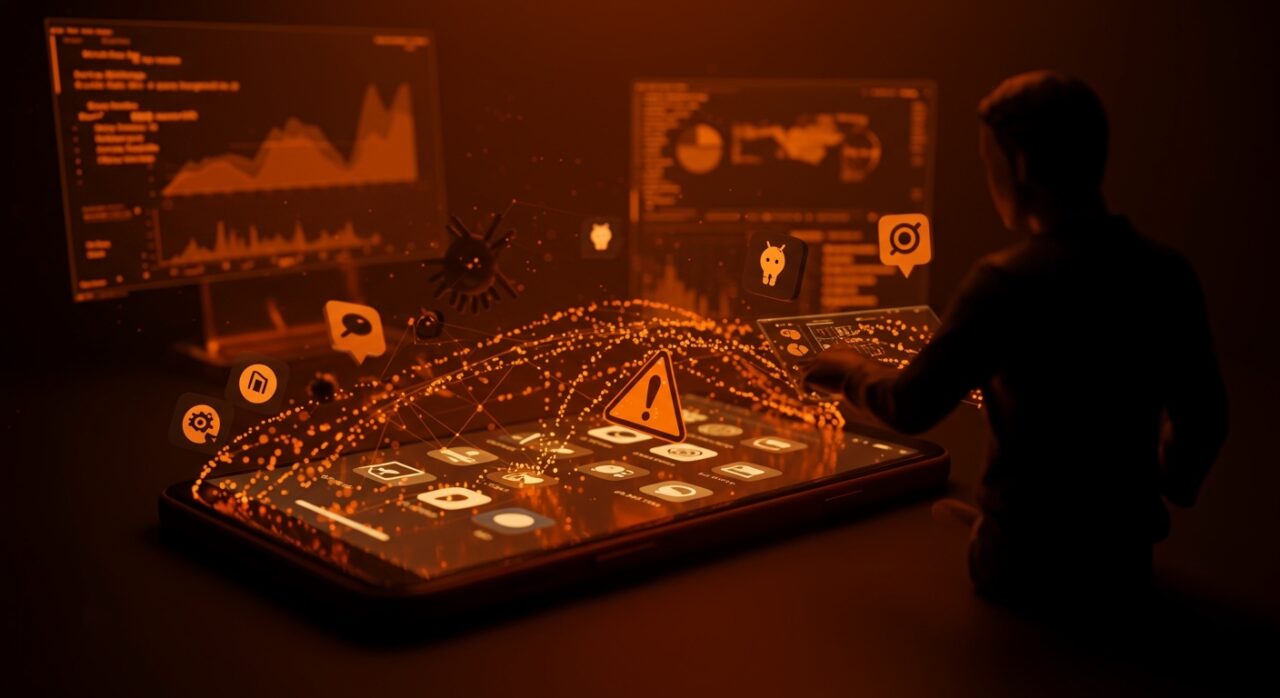 Dispositivo Android mostrando alerta de spyware y apps falsas, destacando vulnerabilidades en seguridad móvil para startups.