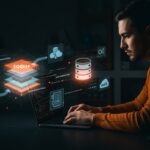 Founder de startup SaaS utilizando SQLite en producción con metáforas visuales de concurrencia, Docker y bases de datos embedded, en paleta naranja y negro.