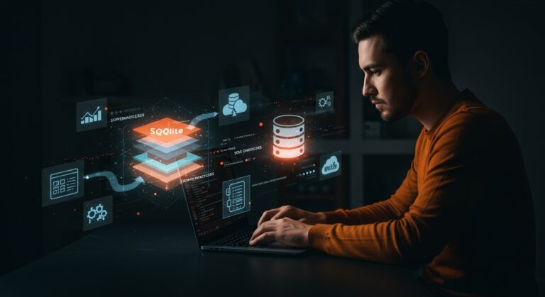 Founder de startup SaaS utilizando SQLite en producción con metáforas visuales de concurrencia, Docker y bases de datos embedded, en paleta naranja y negro.