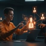 Fundador gestionando agentes de inteligencia artificial en ambiente empresarial con automatización agéntica usando WorkHQ de SS&C.
