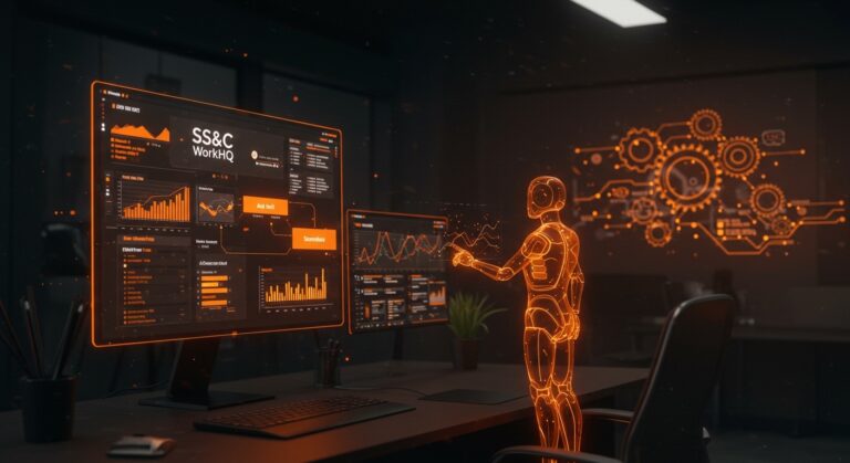 Panel digital de SS&C WorkHQ mostrando automatización agéntica con agentes de IA y flujos de datos en un entorno corporativo.