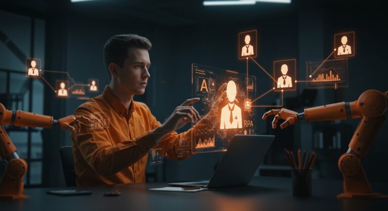 Fundador gestionando agentes de inteligencia artificial en ambiente empresarial con automatización agéntica usando WorkHQ de SS&C.