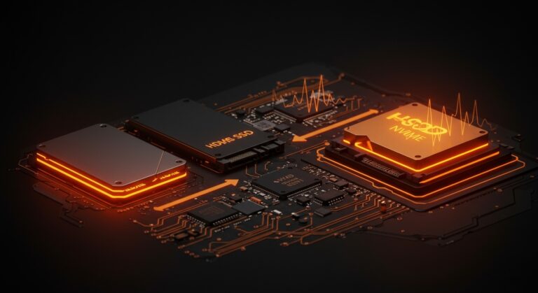 Comparativa visual de almacenamiento digital SSD, HDD y NVMe en 2026 con énfasis en migración y crisis de precios SSD.