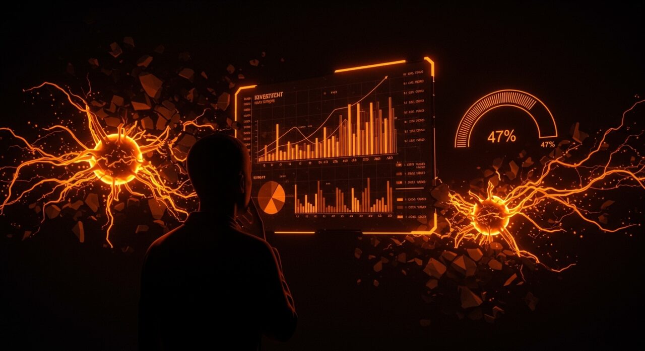 Fundador de startup frente a gráficos digitales mostrando inversión en IA y caída de confianza pública según Stanford AI Index 2026.