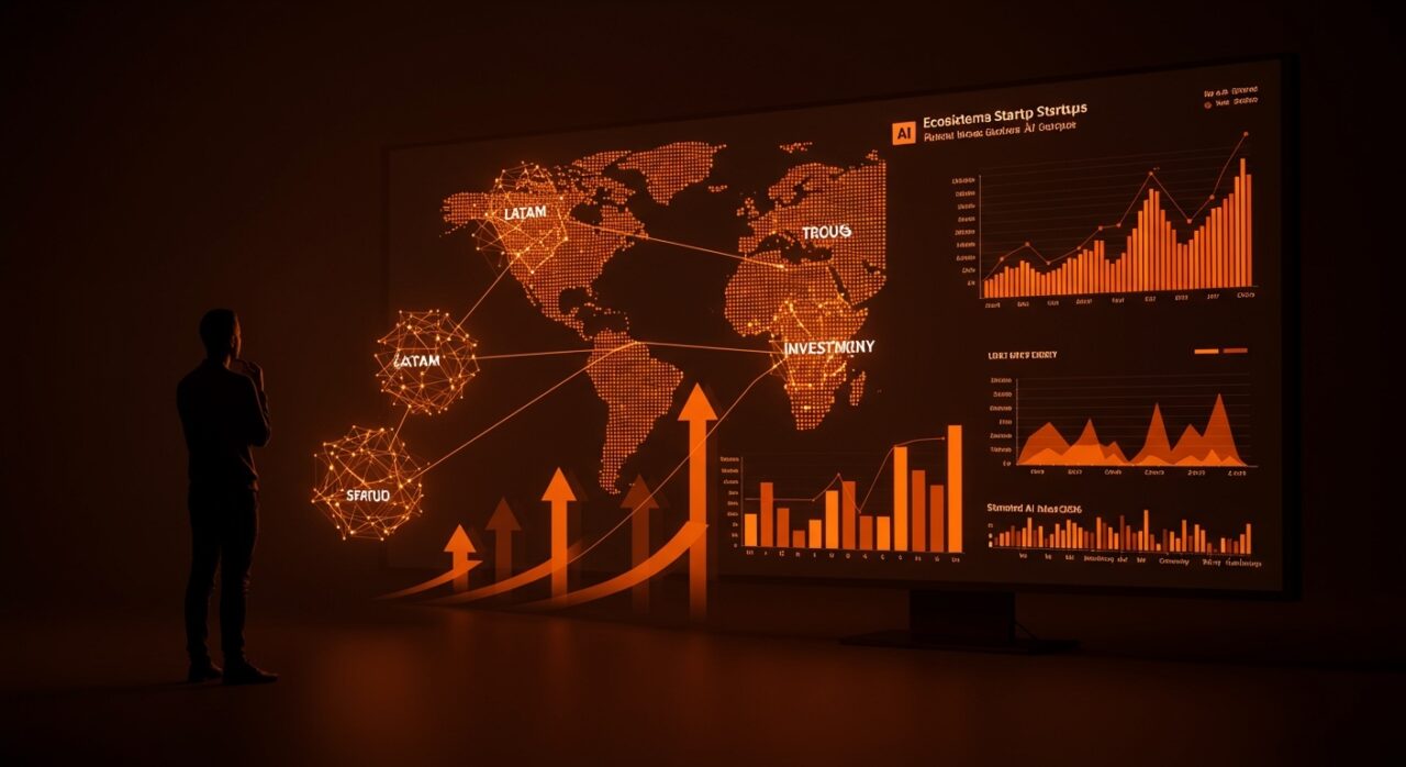 Fundador frente a tablero digital con métricas de inversión y confianza en IA, ilustrando brecha y tendencias para startups según Stanford AI Index 2026.