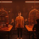 Estudiantes emprendedores de Stanford frente a una representación visual de la cultura tóxica en startups de Silicon Valley y la influencia de venture capital.
